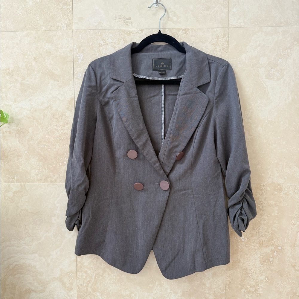 'Timing' Gray Double Breasted Blazer Ruched Sleeve Lightweight M